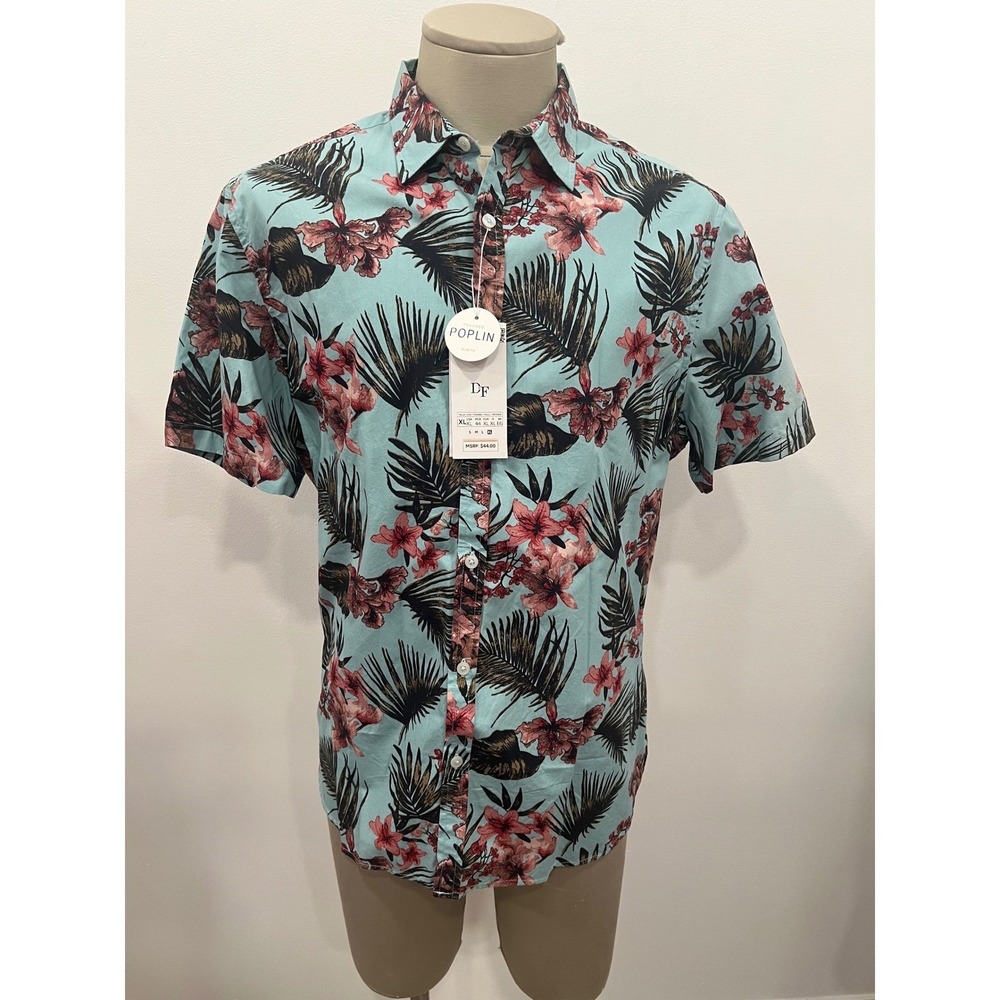 Denim & Flower Shirt Boys XL Blue Floral Tropical Slim Fit Top NWT Short Sleeve
